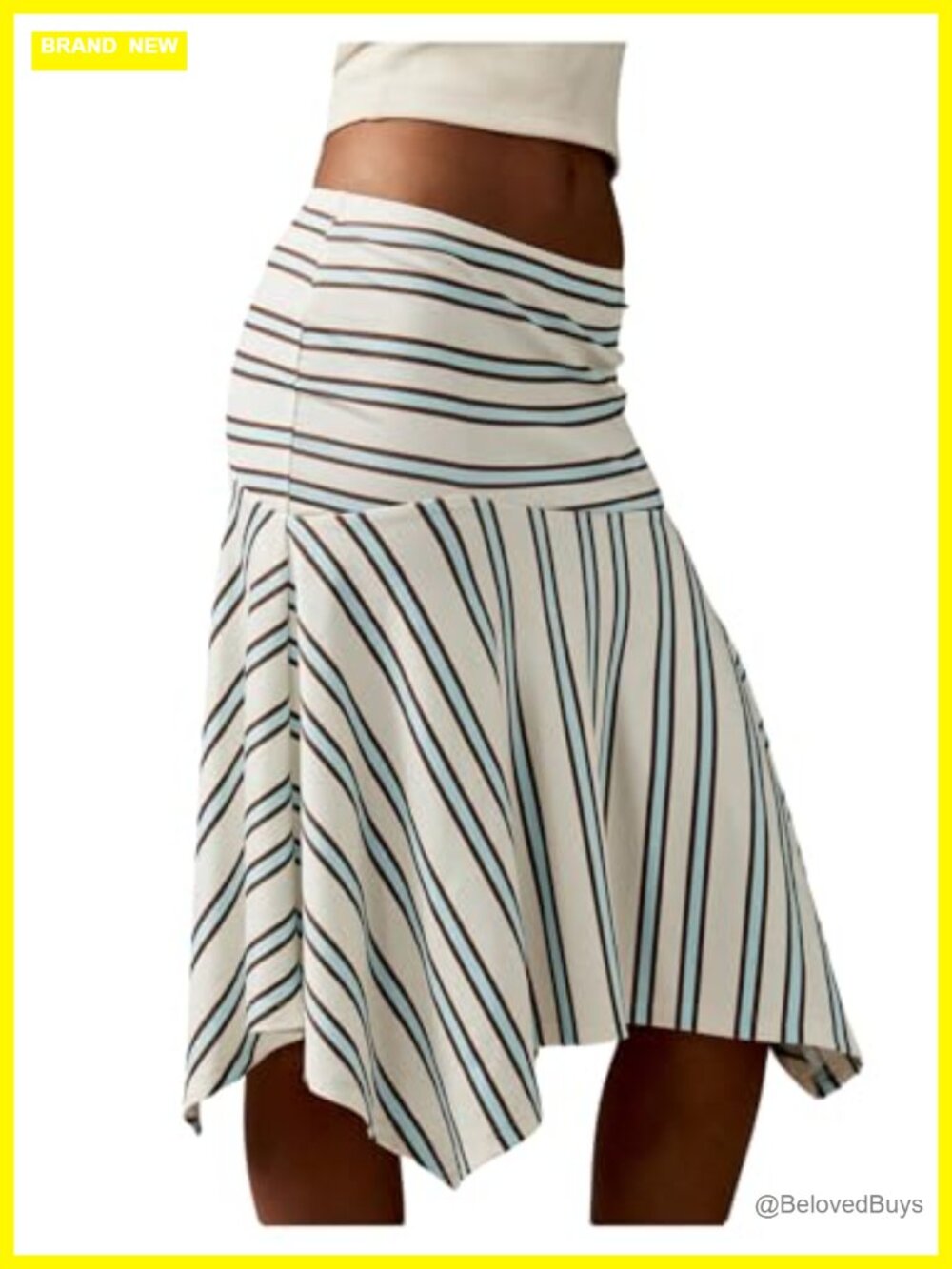 Striped Low Waist Flowy Midi Skirt Ruffle Asymmetrical Knee Length